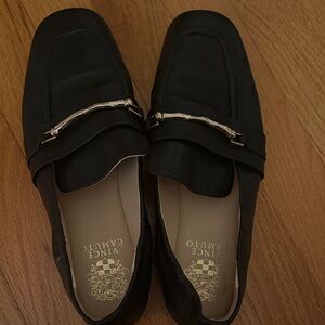 Vince Camuto Black Leather Slip-On Loafers with Gold Bit